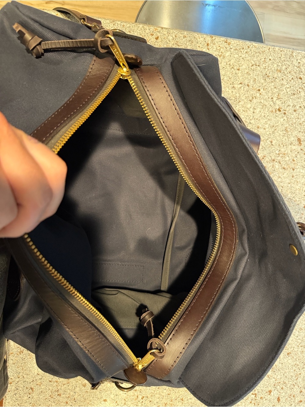Filson Navy Duffel Bag with Brown Leather Trim and Brass Hardware - Picture 3 of 5
